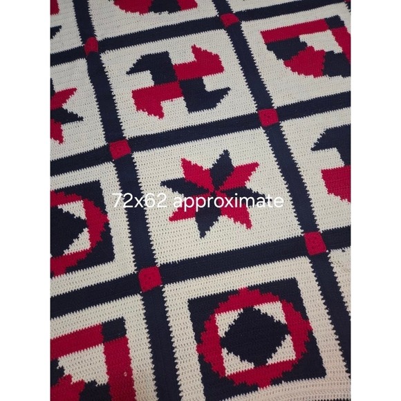 Vintage Handmade Crochet Afghan Blanket Quilt Red White Blue 72x62 Patriotic - Picture 3 of 3